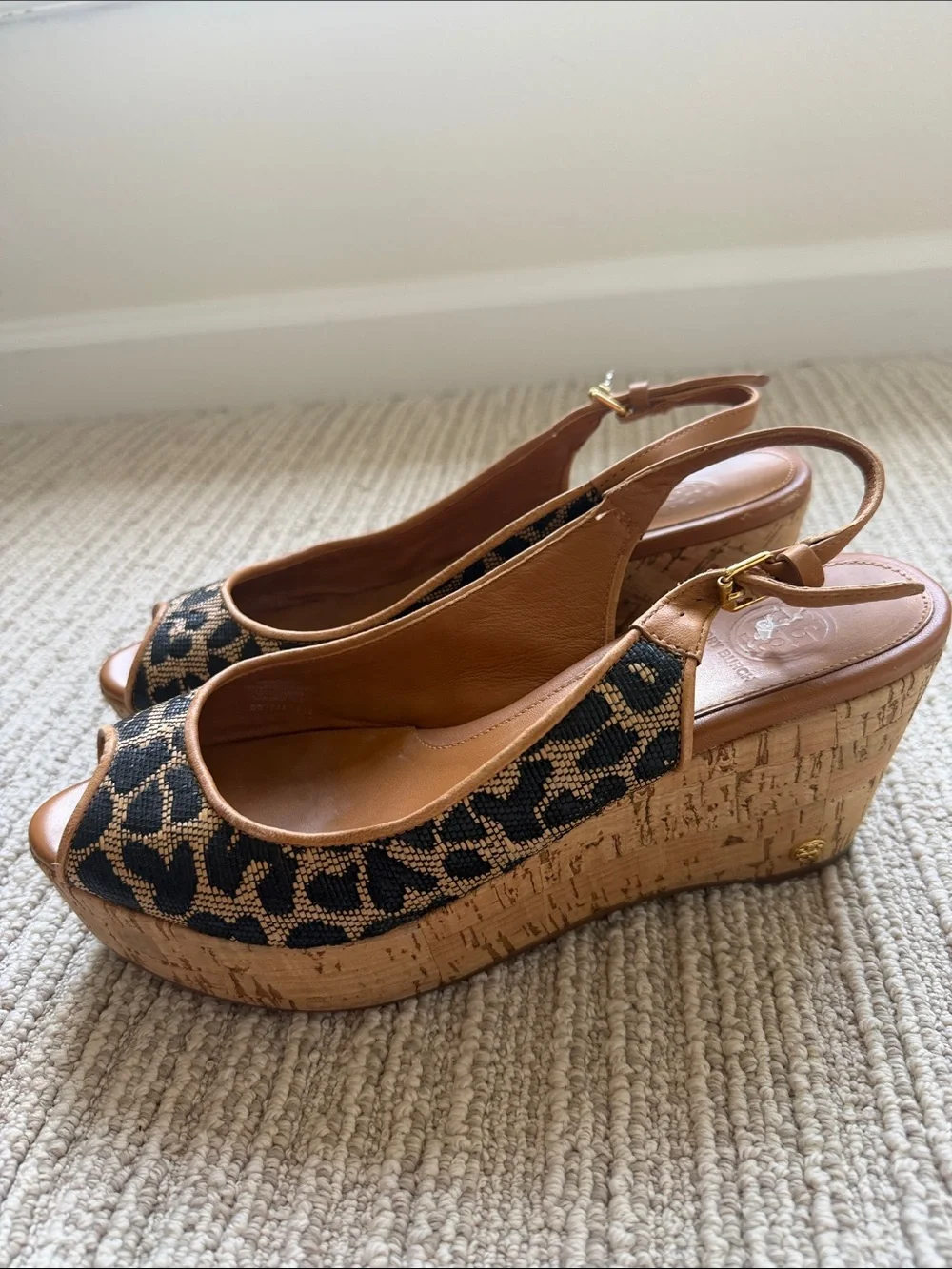 Tory Burch Leopard Print Cork Wedge Slingback Sandals - Tan/Black